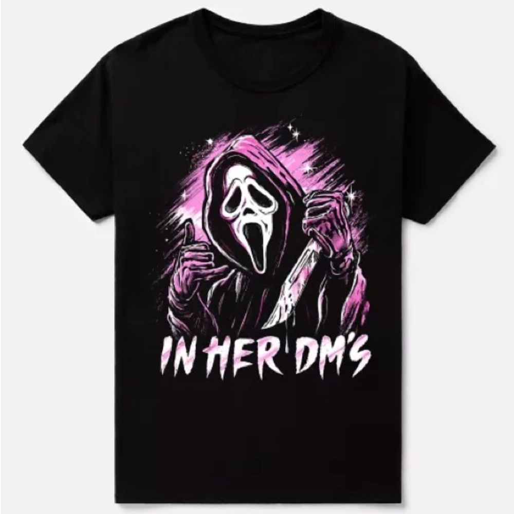 •In Her DMs• Ghost Face Graphic Tee | Horror Streetwear Shirt | Pink Neon Top - Picture 1 of 2
